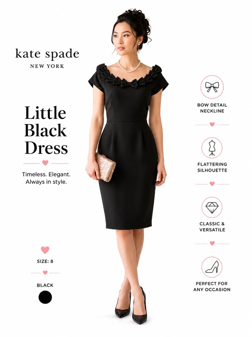 Kate Spade Black Dress LBD Miriam bows at neckline details size 8 Modest classy